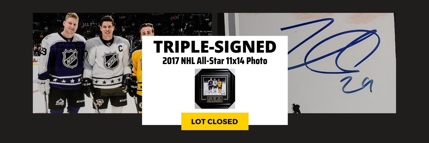 Sidney Crosby, Nathan MacKinnon, and Brad Marchand Triple-Signed Framed 2017 NHL All-Star Photo