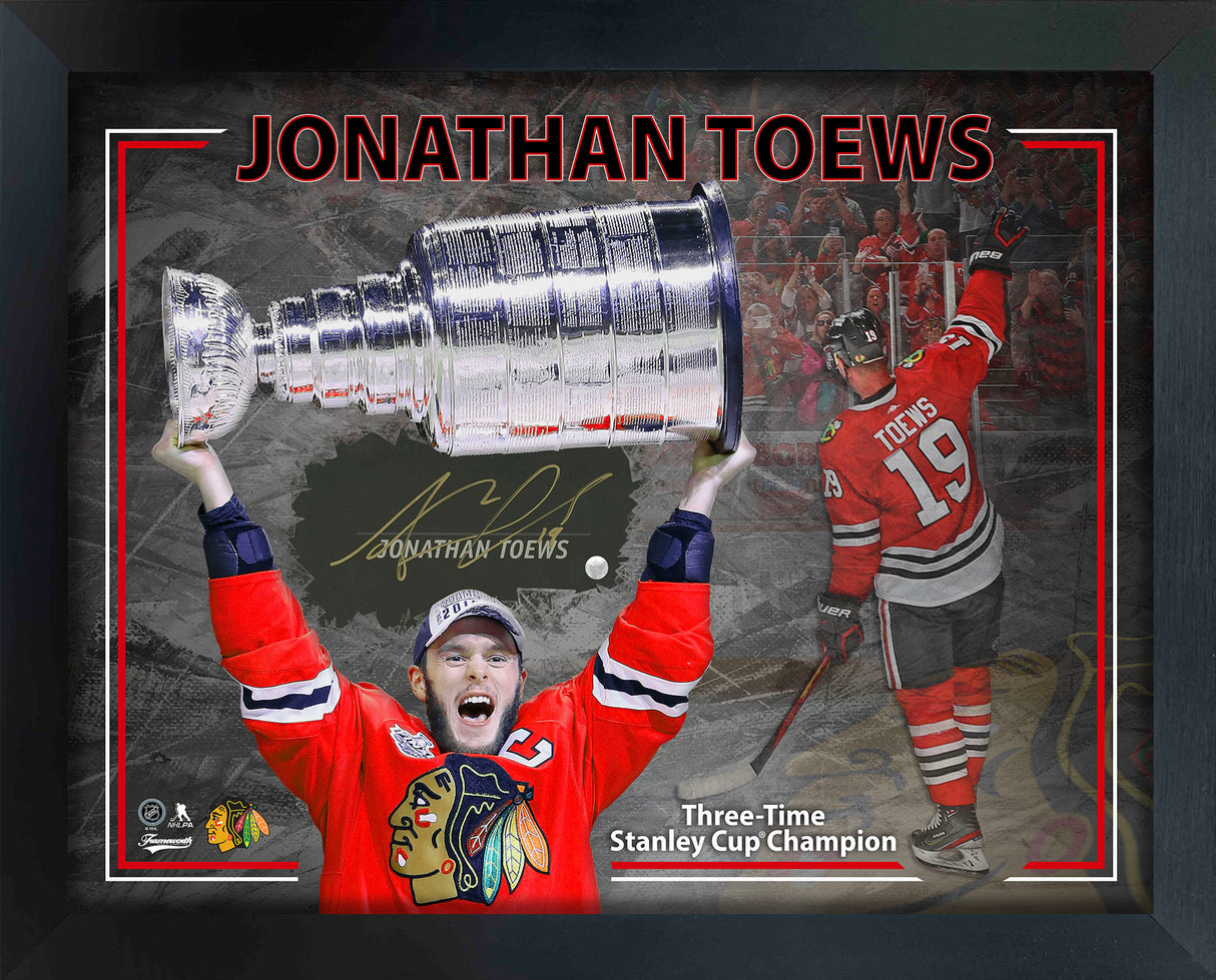 Jonathan Toews Embedded Signature 16x20 PhotoGlass Frame Blackhawks