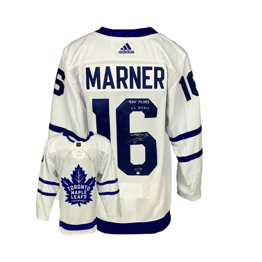 Mitch Marner Signed Toronto Maple Leafs Adidas Auth. Jersey with "400 Point vs Kraken" Inscribed (Limited Edition of 32) - Frameworth Sports Canada 