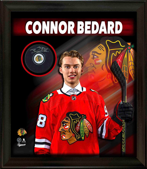 Connor Bedard Signed Puck Framed PhotoGlass Chicago Blackhawks