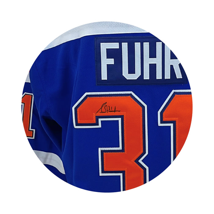 Grant Fuhr Signed Jersey Edmonton Oilers Replica Blue Vintage Fanatics