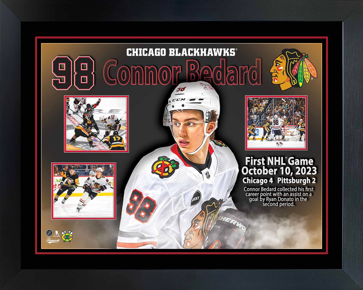 Connor Bedard Framed First Game Collage Blackhawks - Frameworth Sports Canada 