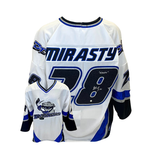 Jon Mirasty Signed Danbury Trashers White Game Model Jersey with "Nasty" inscription - Frameworth Sports Canada 