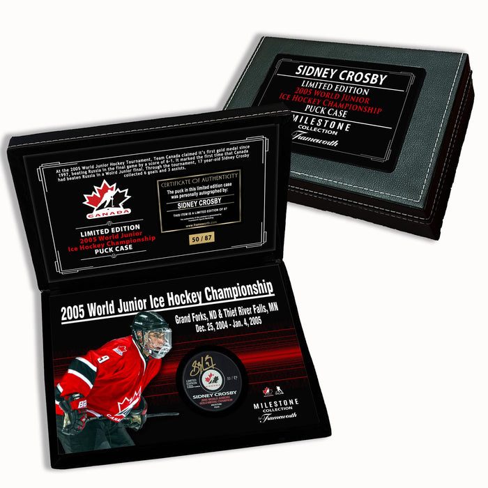 Sidney Crosby Signed Puck in Deluxe Case 2005 World Juniors (Limited Edition of 87) - Frameworth Sports Canada 