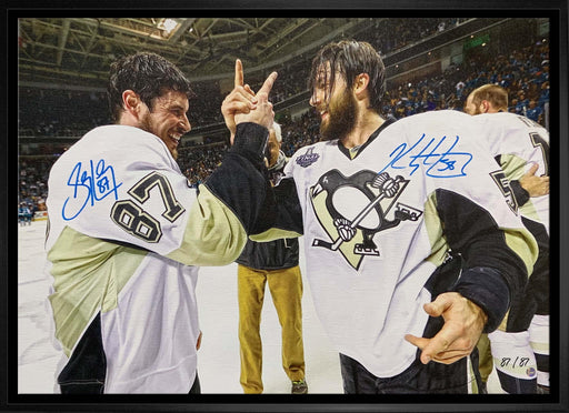 Sidney Crosby and Kris Letang Signed 20x29 Canvas Framed Hand Shake Celebration (Limited Edition of 87) - Frameworth Sports Canada 