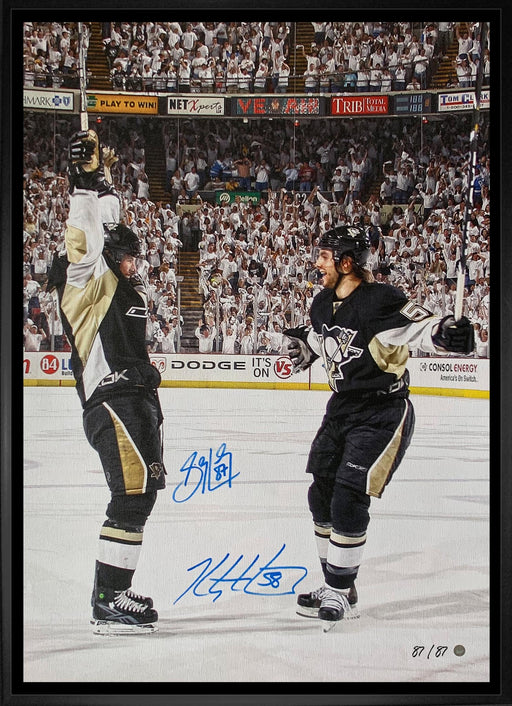 Sidney Crosby and Kris Letang Signed 20X29 Canvas Framed Celebration (Limited Edition of 87) - Frameworth Sports Canada 