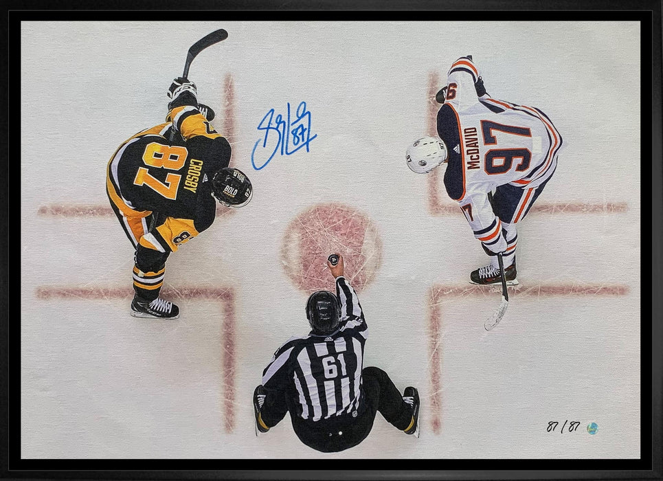 Sidney Crosby Signed 20x29 Canvas Framed Penguins Overhead vs McDavid (Limited Edition of 87) - Frameworth Sports Canada 