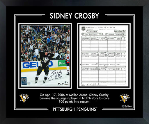 Sidney Crosby Signed 8x10 Framed PhotoGlass 100 Points Scoresheet Penguins (Limited Edition of 87) - Frameworth Sports Canada 