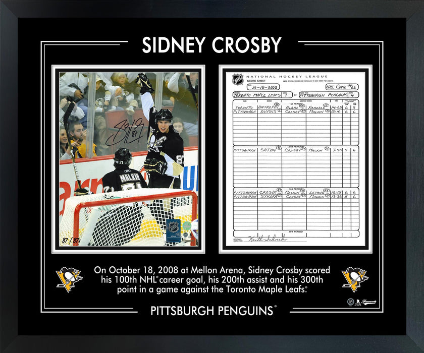 Sidney Crosby Signed 8x10 Framed PhotoGlass 100 Goals Scoresheet Penguins (Limited Edition of 87) - Frameworth Sports Canada 