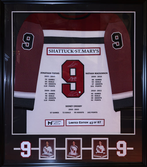 Sidney Crosby, Nathan MacKinnon and Jonathan Toews Signed Shattuck St Mary's White Milestone Framed Jersey (Limited Edition of 87) - Frameworth Sports Canada 