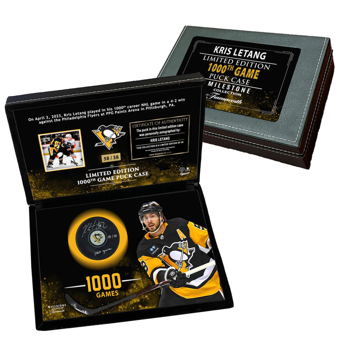 Kris Letang Signed Puck in Deluxe Case Pittsburgh Penguins Insc "1000 game" LE of 58