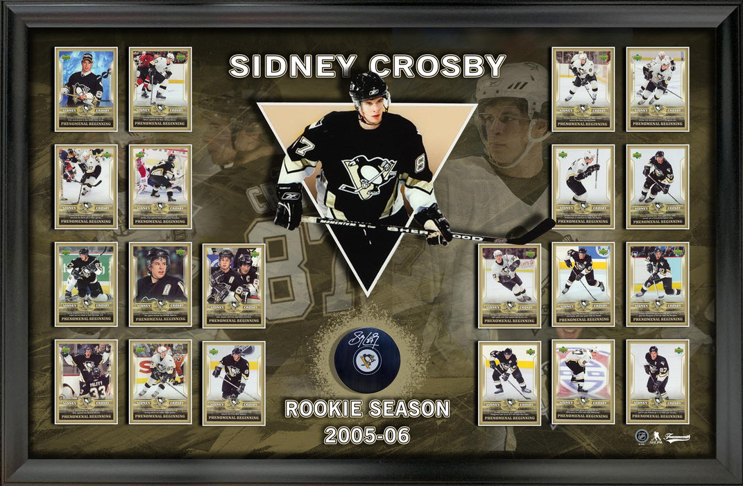 Sidney Crosby Signed Puck Framed with Rookie Season Cards