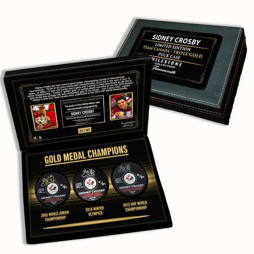 Sidney Crosby Signed Pucks in Deluxe Case Canada 3x Gold Medal (Limited Edition of 87) - Frameworth Sports Canada 