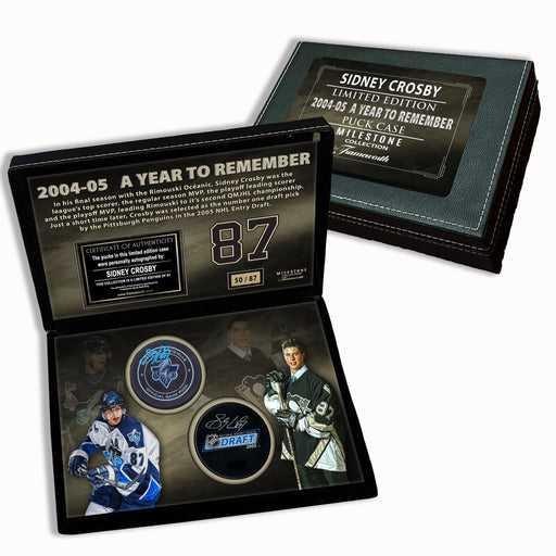 Sidney Crosby Signed Pucks in Deluxe Case 2005 Rimouski & Draft (Limited Edition of 87) - Frameworth Sports Canada 
