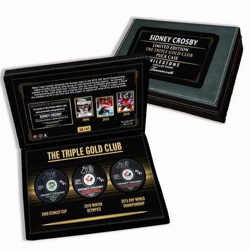Sidney Crosby Signed Pucks in Deluxe Case Triple Gold Club (Limited Edition of 87) - Frameworth Sports Canada 