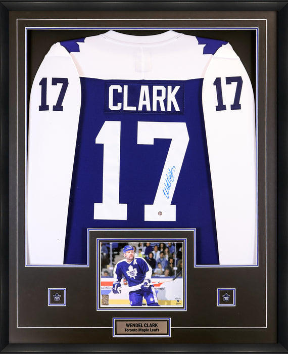 Wendel Clark Signed Framed Jersey Maple Leafs Replica Fanatics Blue - Frameworth Sports Canada 