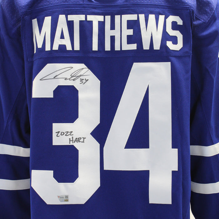 Auston Matthews Signed Jersey Maple Leafs Blue Adidas with "A" Insc "2022 Hart Trophy" - Frameworth Sports Canada 