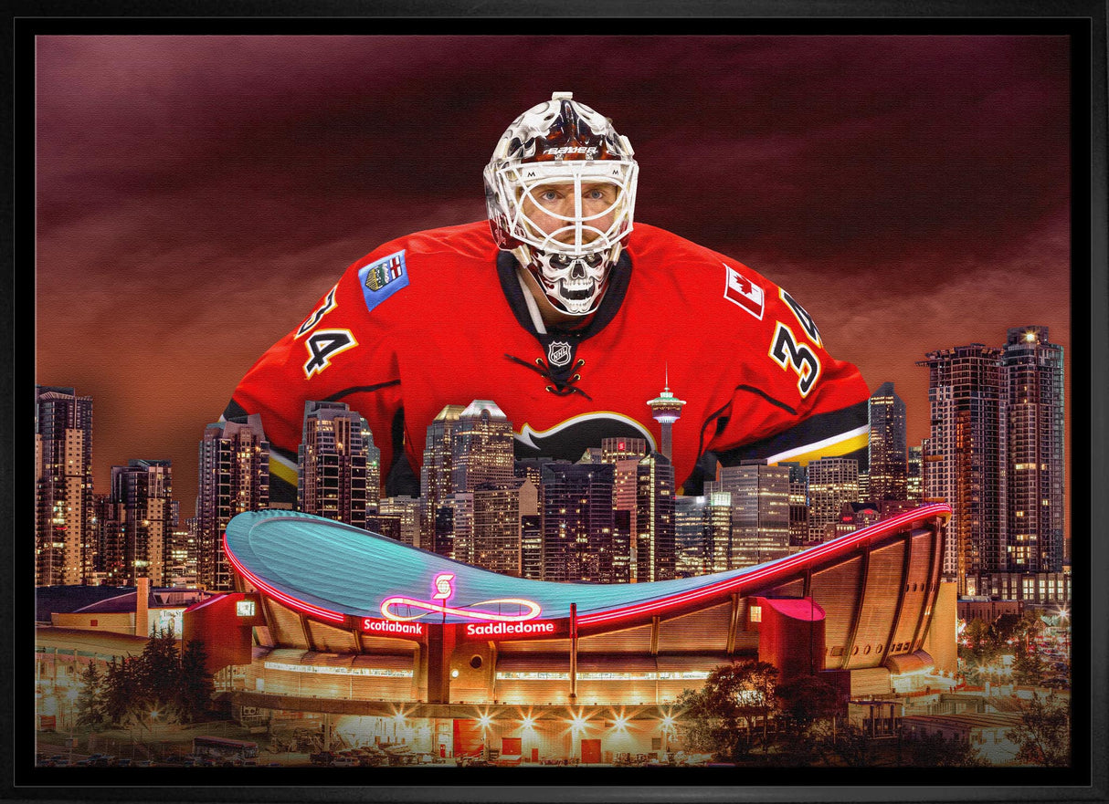 Miikka Kiprusoff 20x29 Framed Canvas Flames Skyline