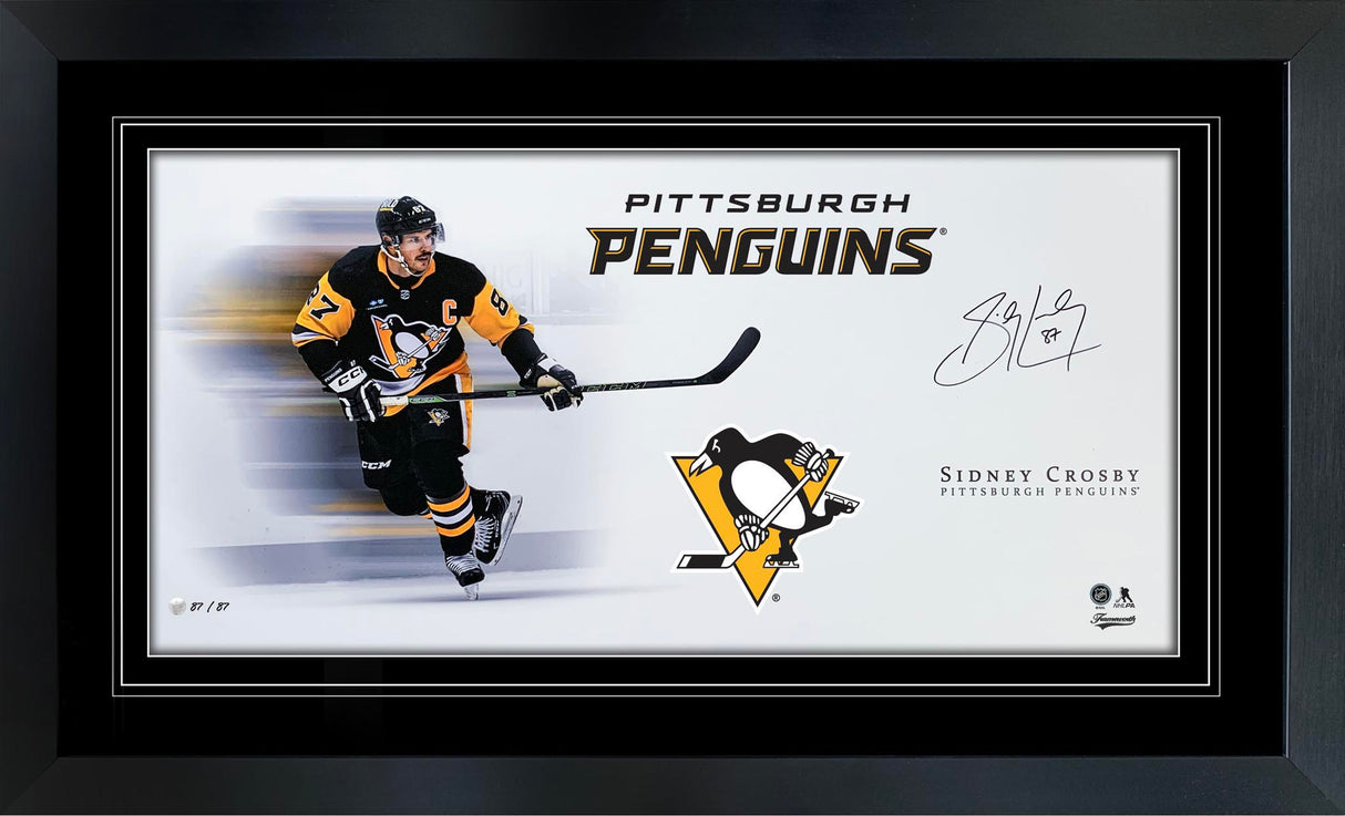 Sidney Crosby Signed 16x35 Framed Print White Background Penguins (Limited Edition of 87) - Frameworth Sports Canada 