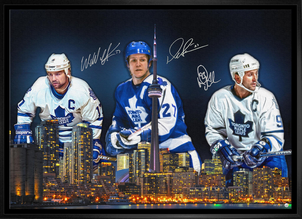 Wendel Clark / Darryl Sittler / Doug Gilmour Signed 20x29 Canvas Framed City Skyline (Limited Edition of 99) - Frameworth Sports Canada 
