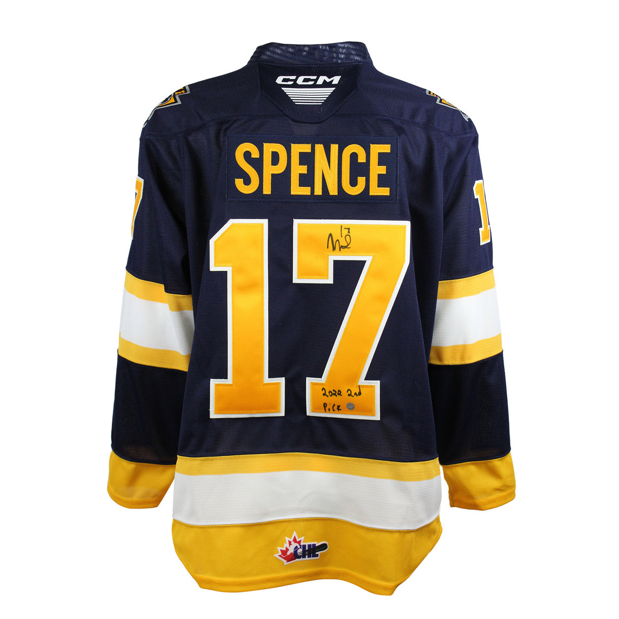 Malcolm Spence Signed Jersey Erie Otters CCM Replica Navy with "2022 2nd  Pick" Inscription