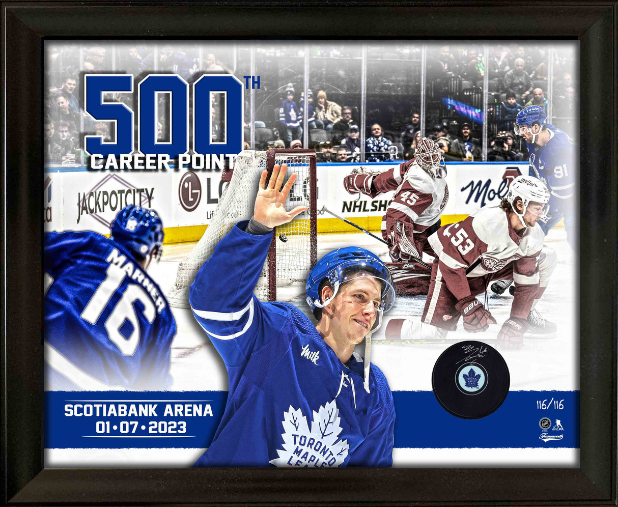 Mitch Marner Signed Framed Toronto Maple Leafs Puck with 500 Points Collage (Limited Edition of 116)
