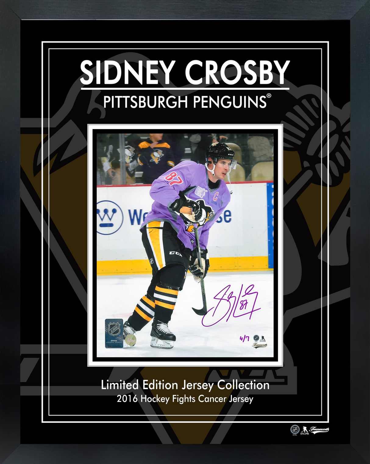 Sidney Crosby Signed 8x10 Framed PhotoGlass 2016 HFC Jersey Penguins L/E 7