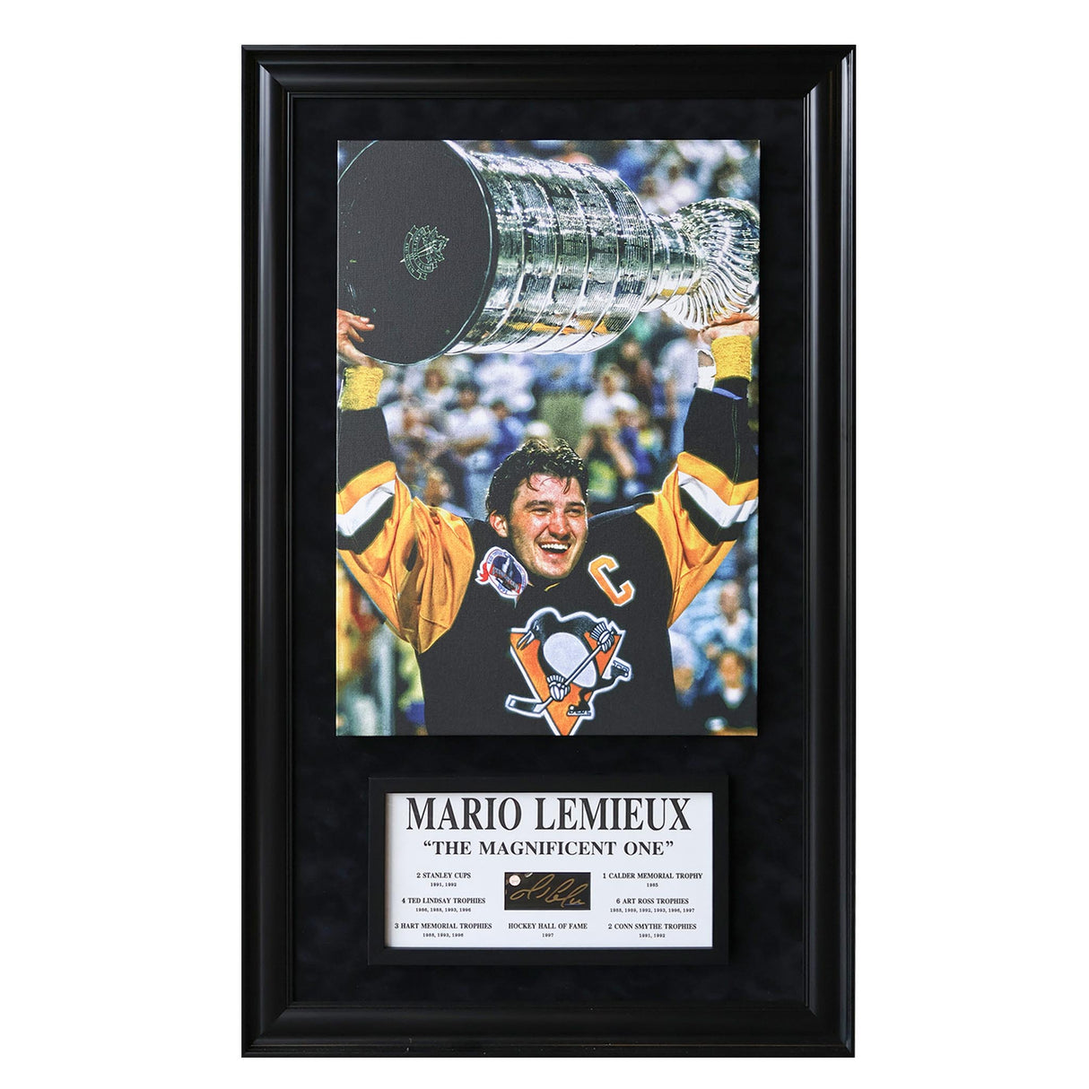 Mario Lemieux Embedded Signtaure Deluxe Frame with Canvas Penguins - Frameworth Sports Canada 