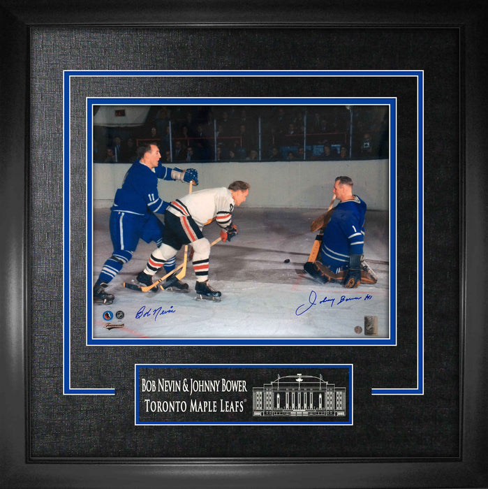 Bob Nevin And Johnny Bower Dual Signed Framed 16x20 Defending Breakaway Photo