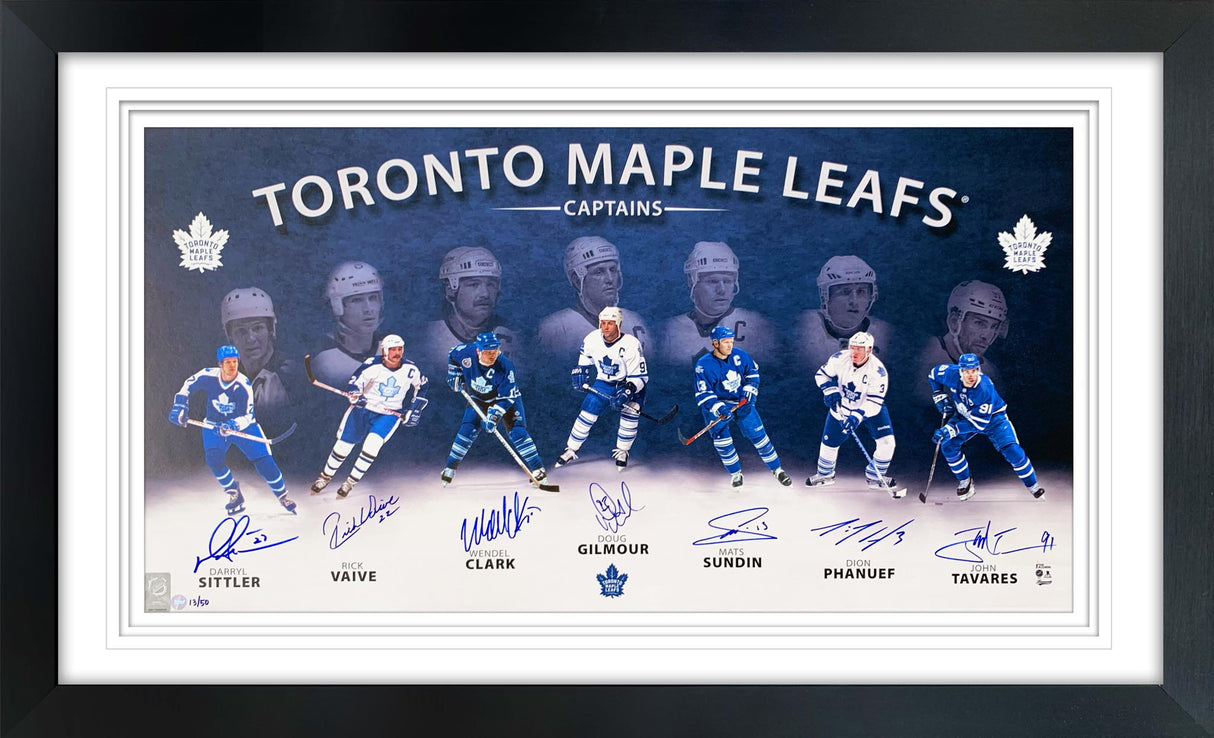 Toronto Maple Leafs Captains Multi-Signed Framed Print
Darryl Sittler/Rick Vaive/Wendel Clark/Doug Gilmour/Mats Sundin/Dion Phaneuf/John Tavares (Limited Edition of 50)