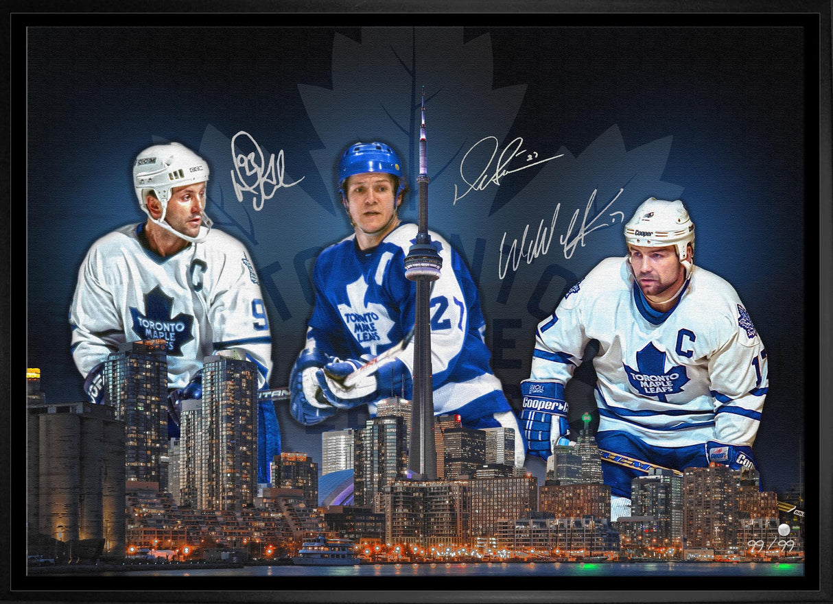 Doug Gilmour / Wendel Clark / Darryl Sittler Multi-Signed 20x29 Framed Skyline Canvas Maple Leafs L/E 99 - Frameworth Sports Canada 