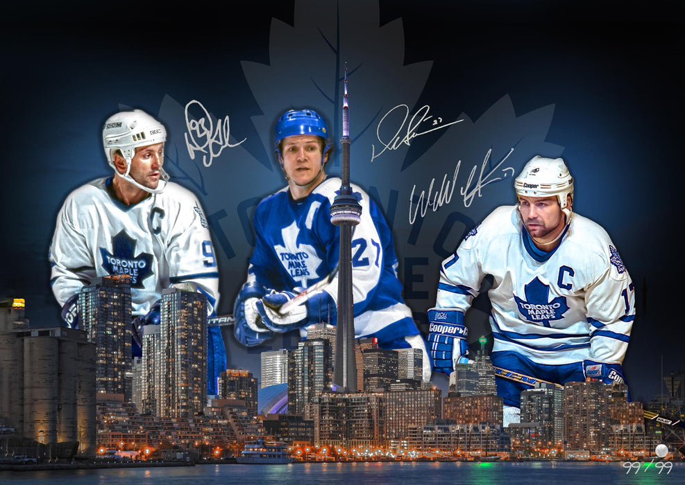 (Exclusive Pre-Order Price) Doug Gilmour / Wendel Clark /Darryl Sittler Multi-Signed 16x20 Skyline Photo Maple Leafs L/E 99