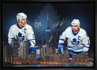 (Exclusive Pre-Order Price) Doug Gilmour / Wendel Clark Dual-Signed 20x29 Framed Skyline Canvas Maple Leafs L/E 99