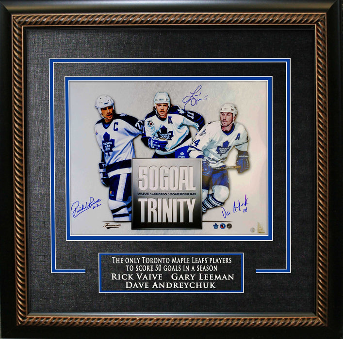 Dave Andreychuk / Gary Leeman / Rick Vaive Toronto Maple Leafs Signed Framed 16x20 50-Goal Trinity Photo - Frameworth Sports Canada 