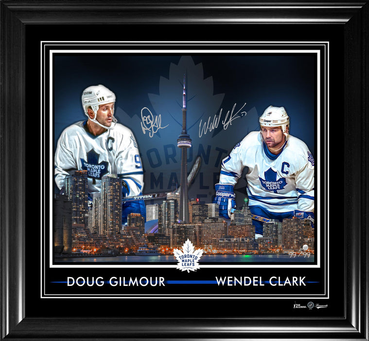 (Exclusive Pre-Order Price) Doug Gilmour / Wendel Clark Dual-Signed 16x20 Skyline Framed PhotoGlass Maple Leafs L/E 99