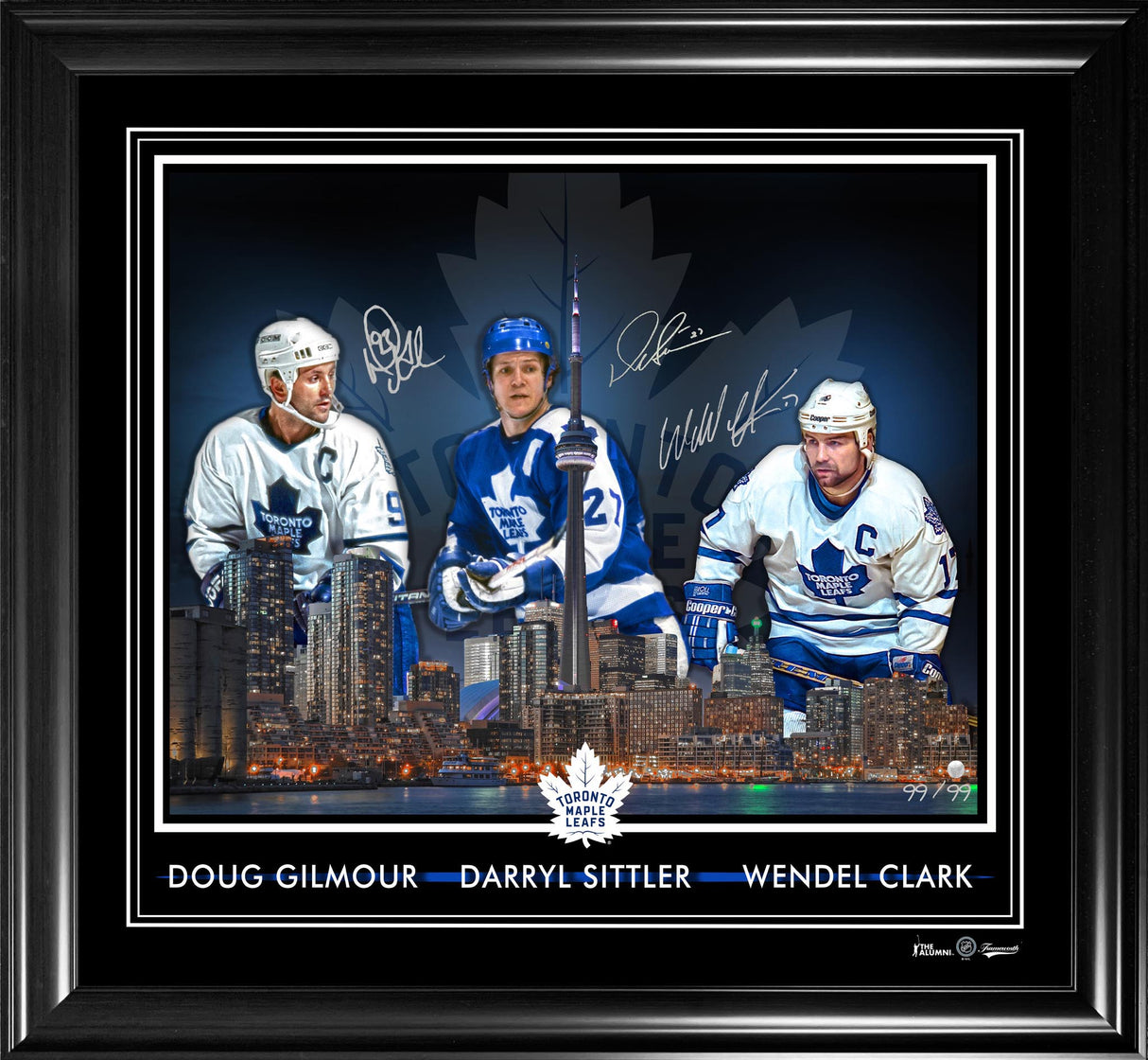 Doug Gilmour / Wendel Clark /Darryl Sittler Multi-Signed 16x20 Skyline Framed PhotoGlass Maple Leafs L/E 99 - Frameworth Sports Canada 