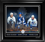 Doug Gilmour / Wendel Clark /Darryl Sittler Multi-Signed 16x20 Skyline Framed PhotoGlass Maple Leafs L/E 99 - Frameworth Sports Canada 