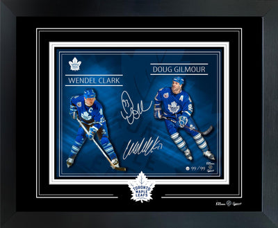 (Exclusive Pre-Order Price) Doug Gilmour / Wendel Clark Dual-Signed 11x14 framed PhotoGlass Maple Leafs L/E 99