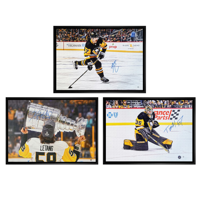 Bryan Rust, Kris Letang, and Tristan Jarry Signed Framed 20x29 Pittsburgh Penguins Bundle