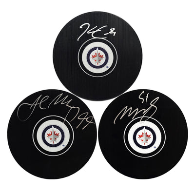 Kyle Connor, Mark Scheifele, and Josh Morrissey Signed Winnipeg Jets Hockey Puck Bundle