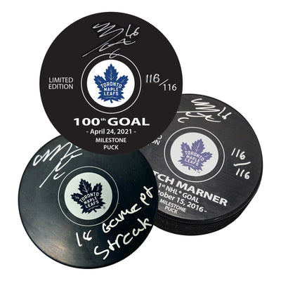 Mitch Marner Signed Toronto Maple Leafs Milestone Puck Bundle