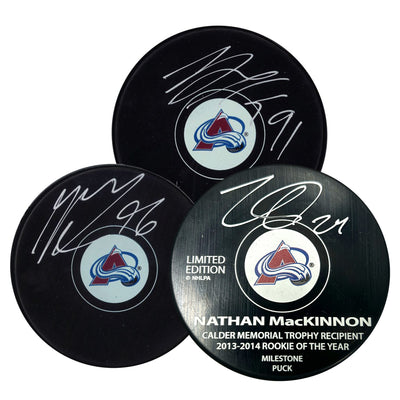 Nazem Kadri, Mikko Rantanen, and Nathan Mackinnon Signed Colorado Avalanche Autograph Series Puck Bundle