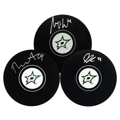 Miro Heiskanen, Jason Robertson, and Roope Hintz Signed Dallas Stars Hockey Puck Bundle