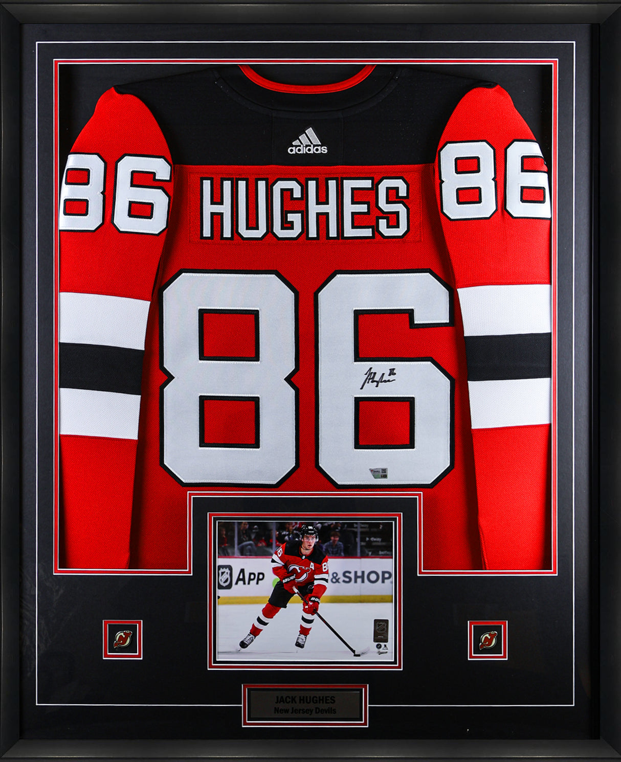 Jack Hughes Signed Framed New Jersey Devils Red Adidas Authentic Jersey