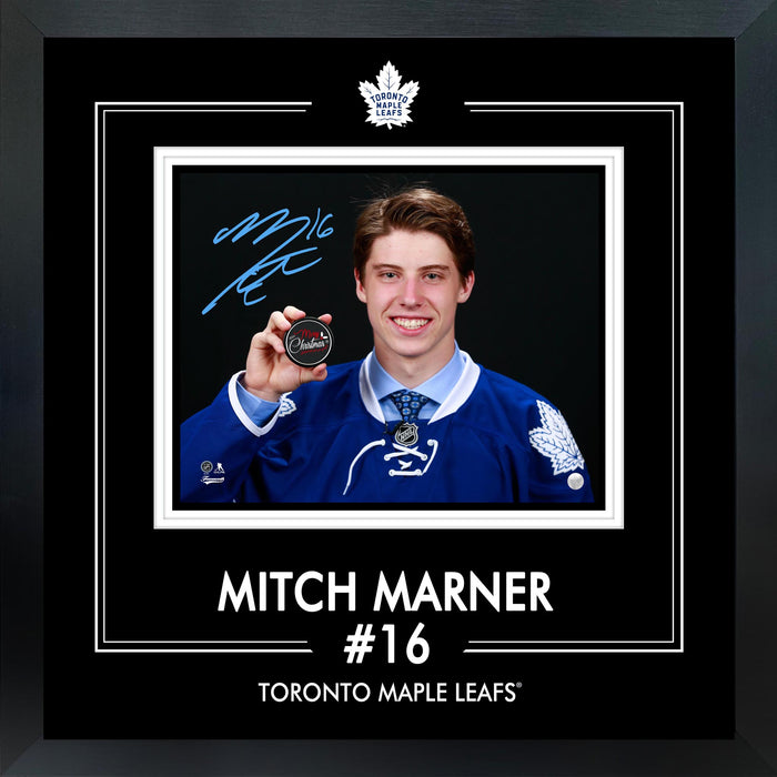 Mitch Marner Signed Framed Photoglass 8x10 Leafs Holding Puck (Christmas Edition)