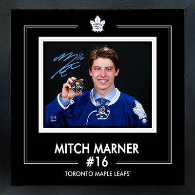 Mitch Marner Signed Framed Photoglass 8x10 Leafs Holding Puck (Hanukkah Edition)