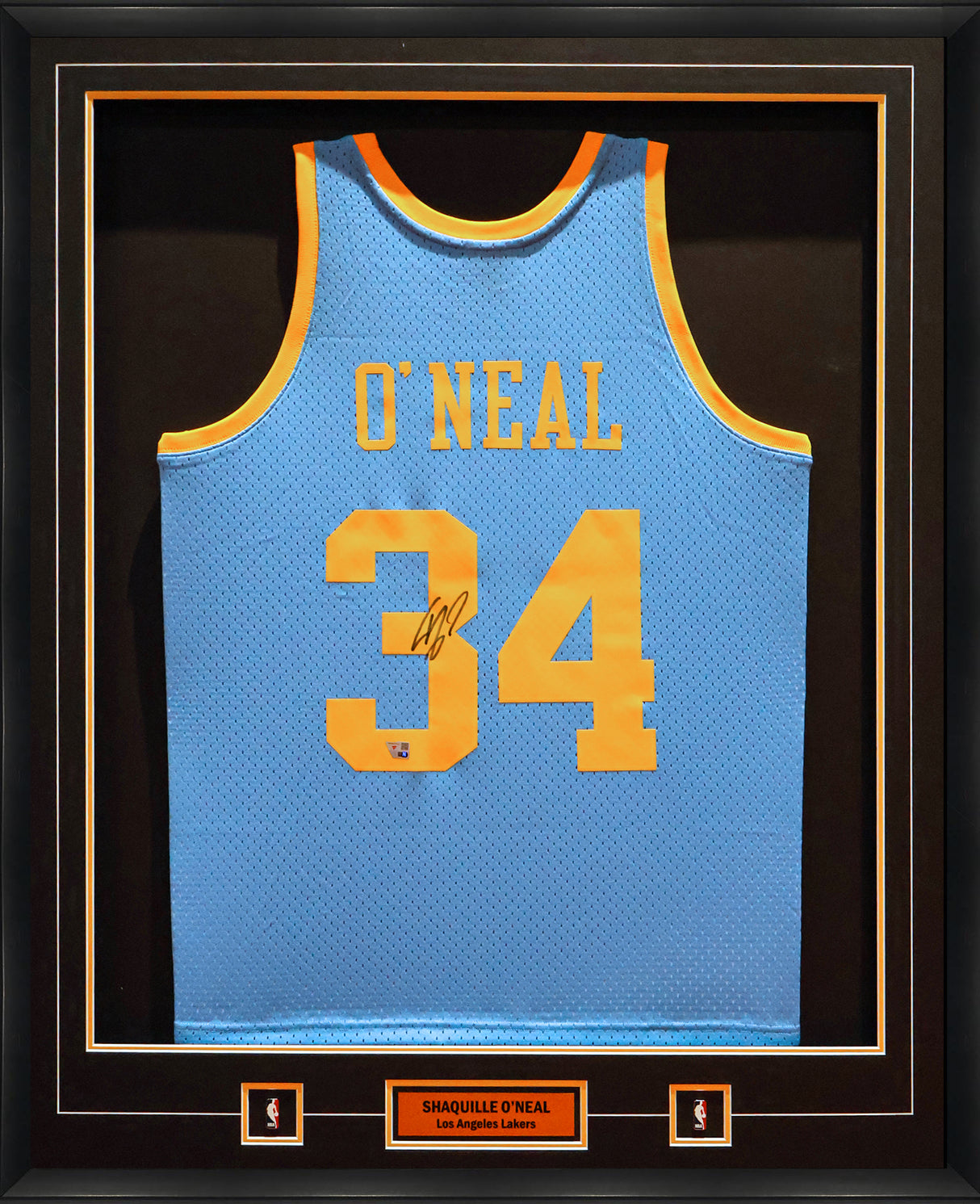 Shaquille O Neal Signed Framed Jersey Los Angeles Lakers Mitchell and Ness Light Blue Swingman