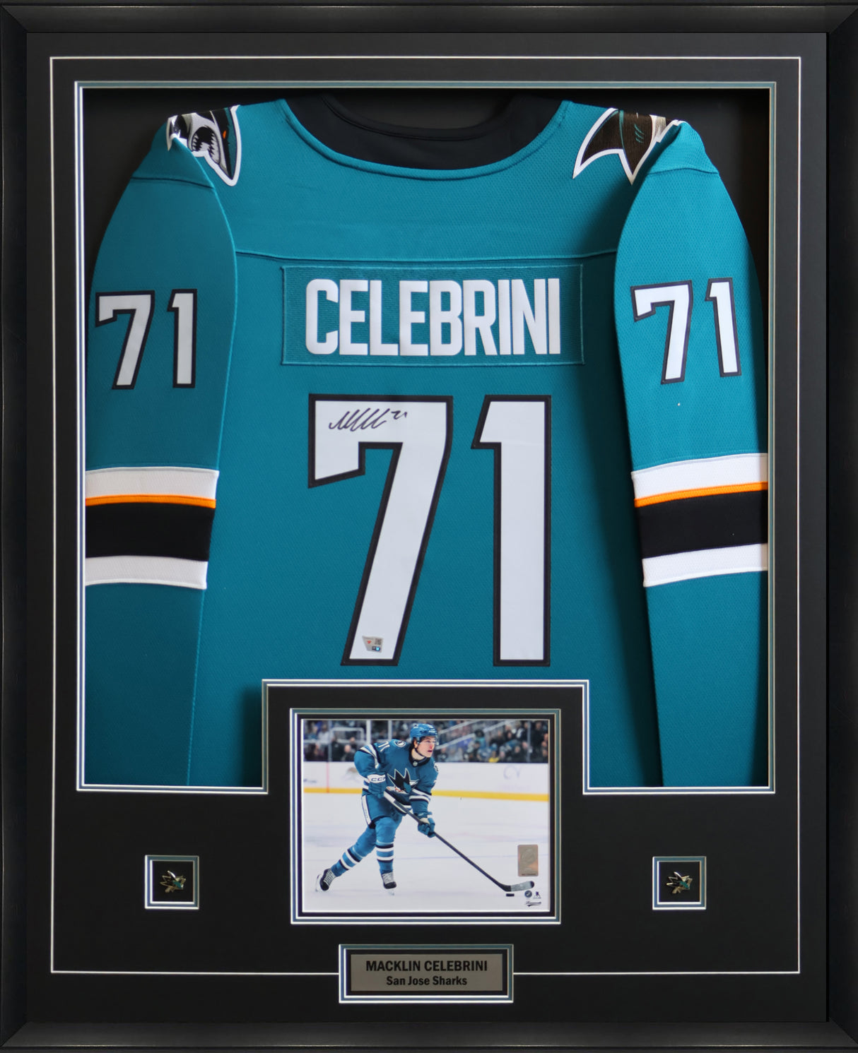 Macklin Celebrini Signed Jersey Framed San Jose Sharks Home Fanatics Breakaway