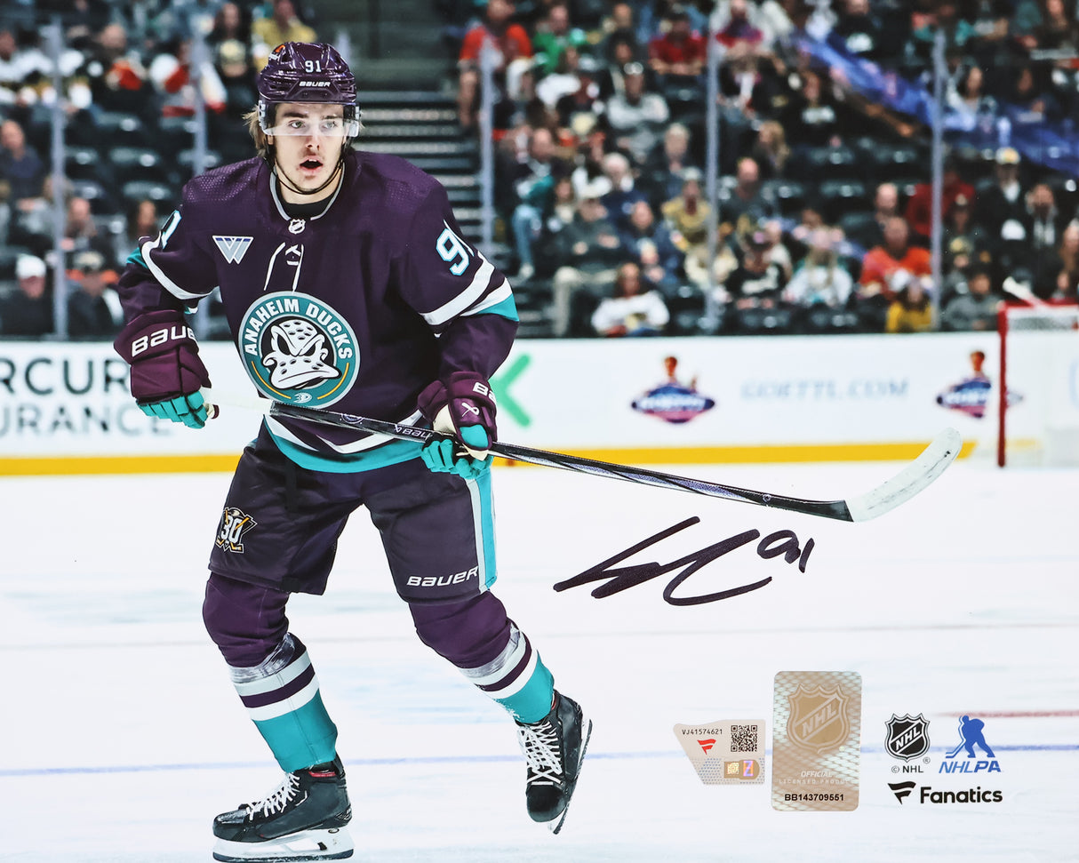 Leo Carlsson Anaheim Ducks Signed 8x10 Purple Jersey Skating Photograph