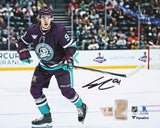Leo Carlsson Anaheim Ducks Signed 8x10 Purple Jersey Skating Photograph